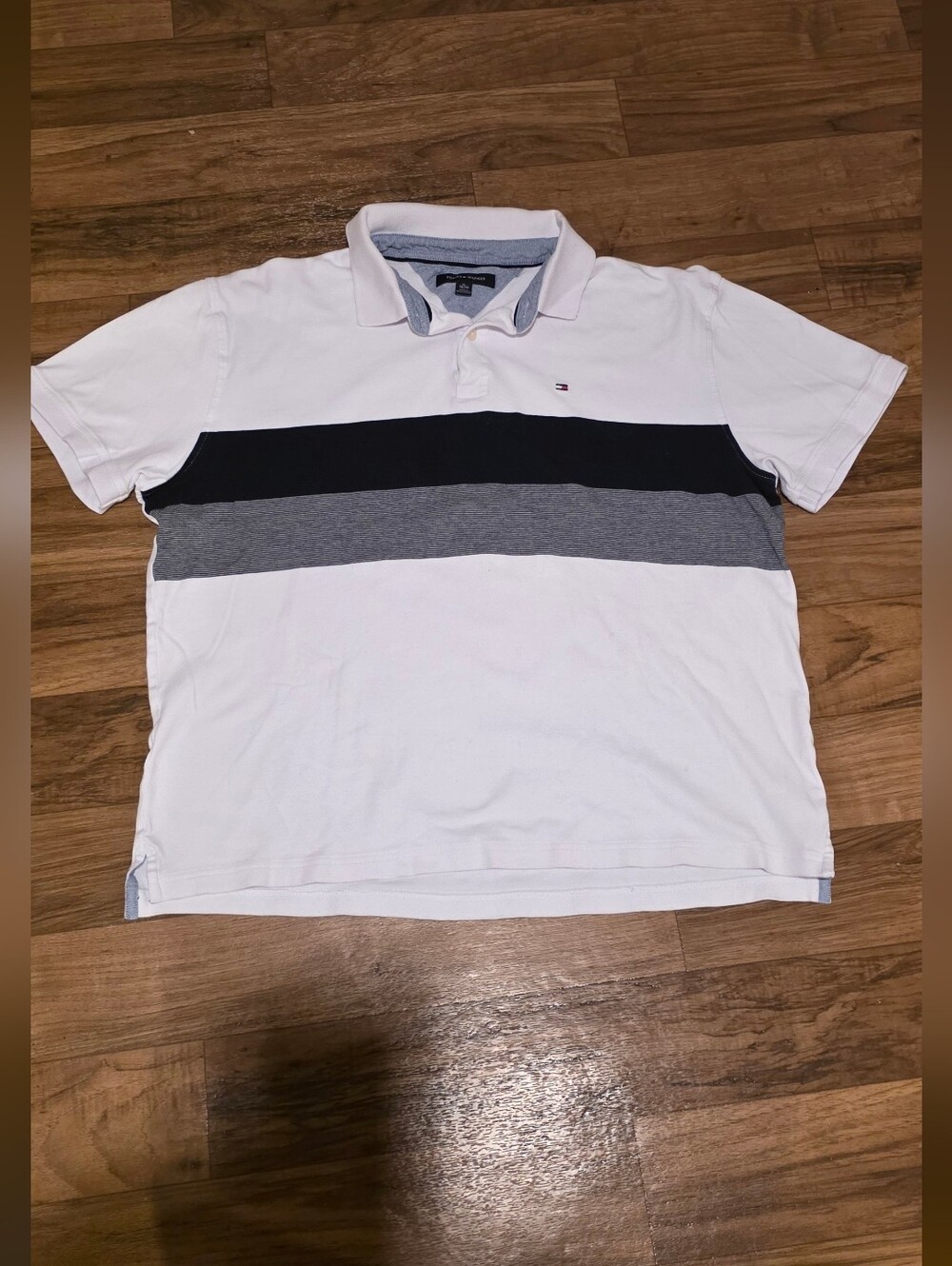 Tommy Hilfiger White Polo with Navy and Gray Horizontal Bands